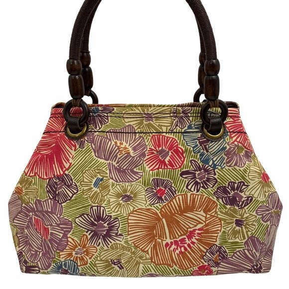 FOSSIL Floral Canvas Shoulder Bag w/ Leather Wood Trim Three Compartments - Picture 3 of 9